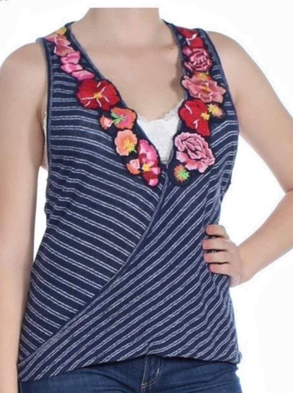 Free People Frida Tank Striped Blue & White Embroidered Floral Top Size XS